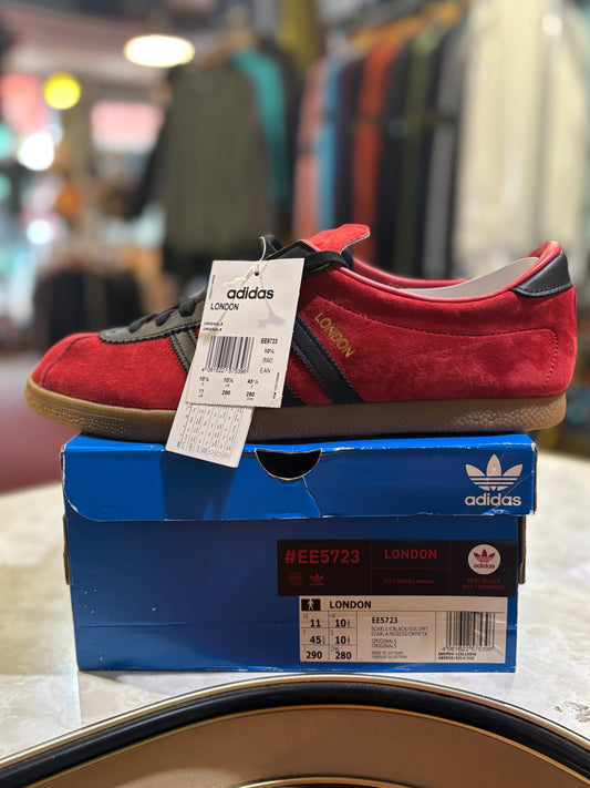 Adidas Originals London EE5723 Scarlet Black - Front view with tags on blue city series box
