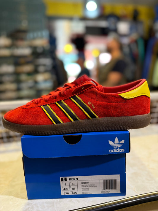 Adidas Originals Bern Red Triple Yellow Black HR0089 UK 8.5 — side profile on box