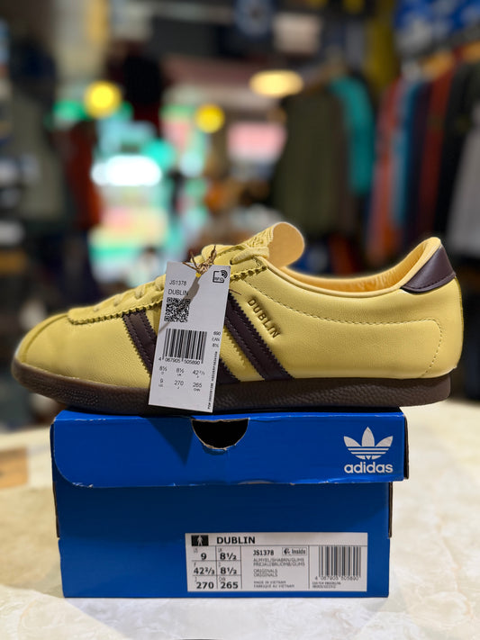 Adidas Dublin Almost Yellow Dark Brown UK 8.5 JS1378 - Side view with box