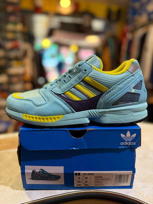 Adidas ZX 8000 EG8784 aqua yellow navy trainer side view on original box