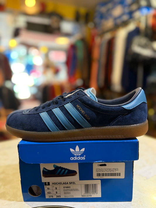 Adidas Hochelaga SPZL S74863 UK 9 in navy and light blue with gum sole, side view with original box