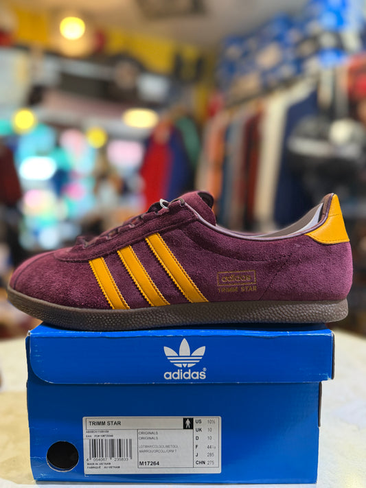 Adidas Trimm Star M17264 UK 10 in Light Maroon / College Gold / Metallic Gold, side view on original blue box