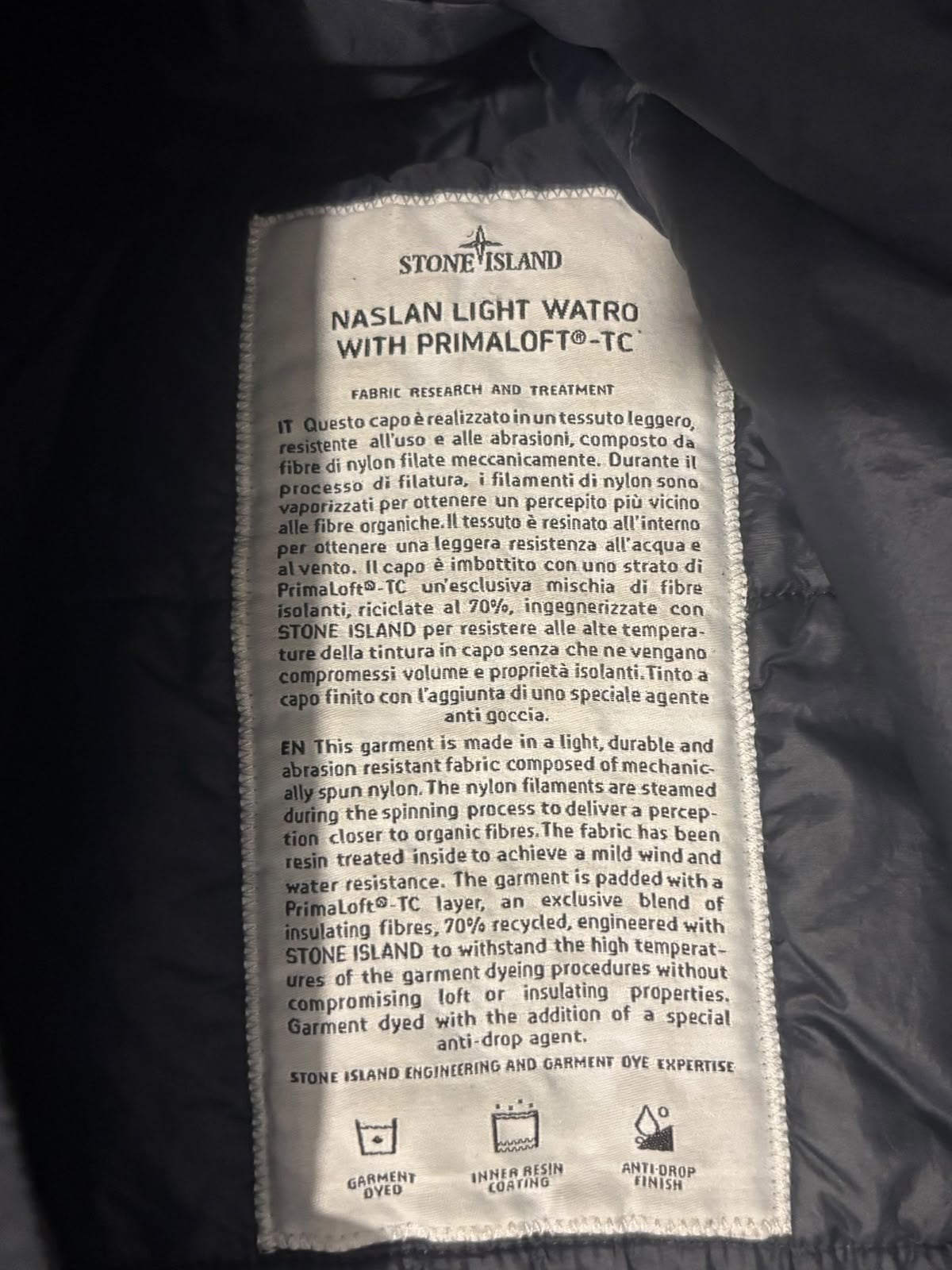 Naslan Light Watro with Primaloft-TC fabric information label