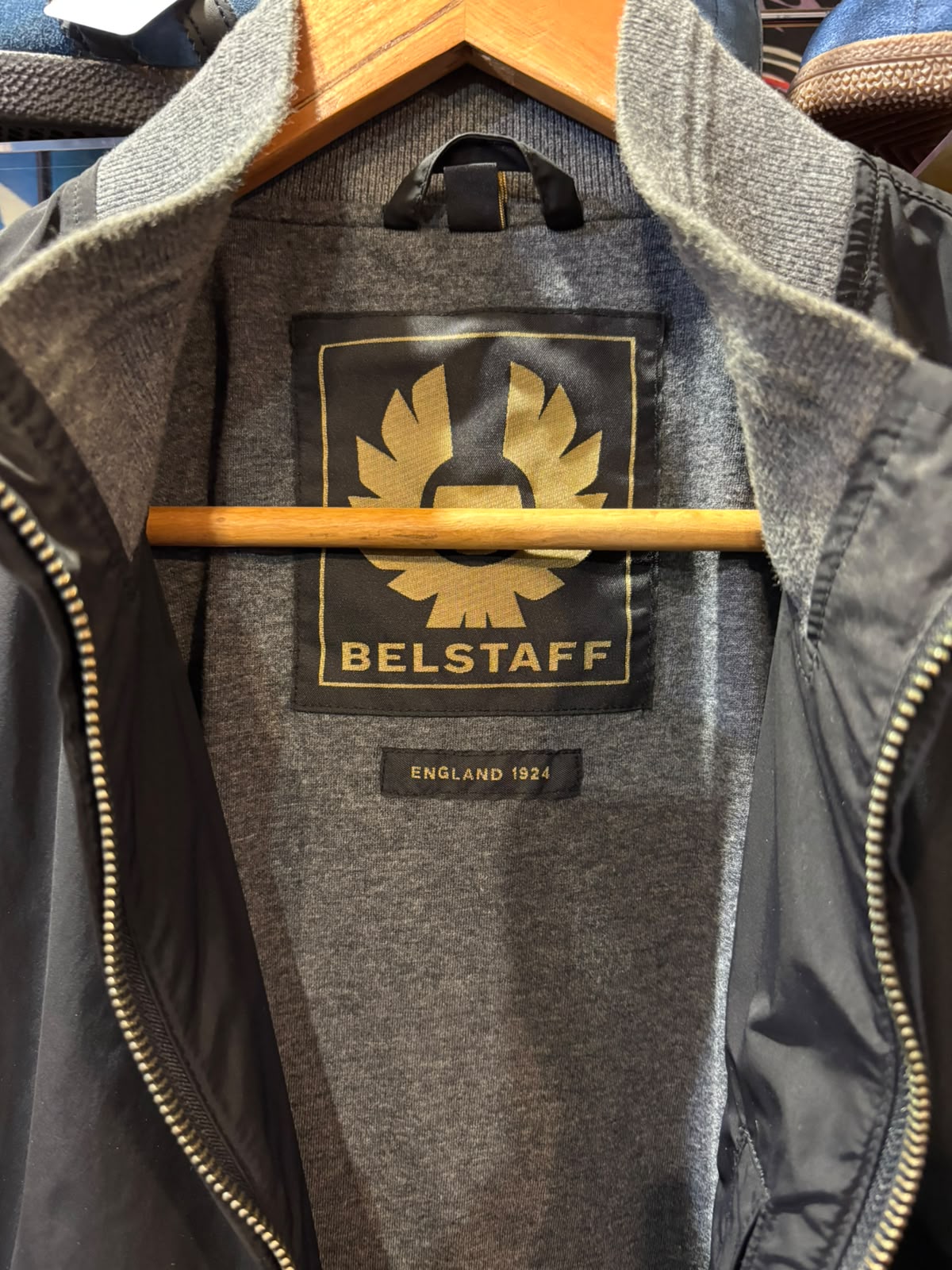 Belstaff neck branding and grey interior