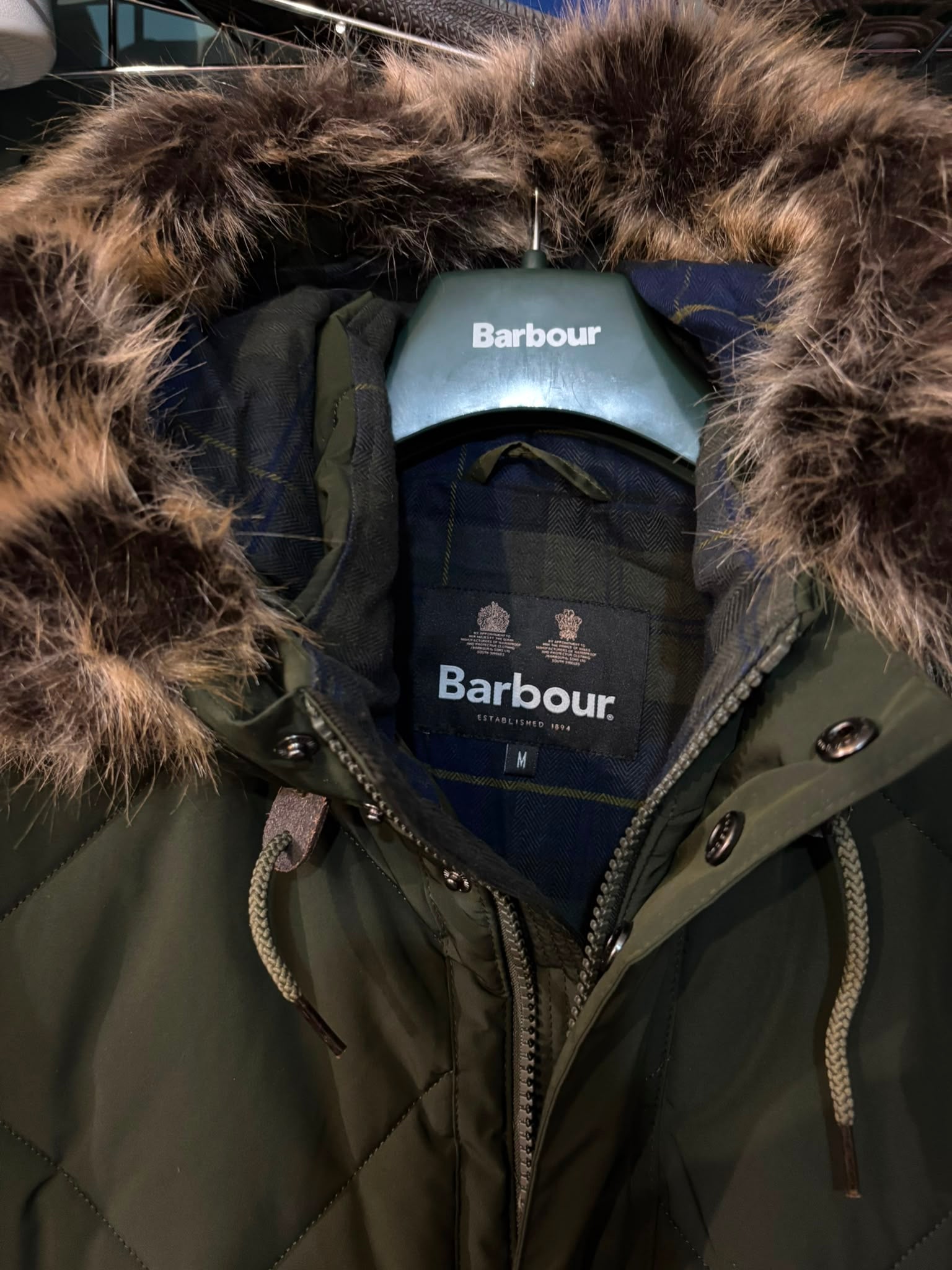Barbour Dalbigh Quilted Parka - inner neck label with Royal Warrants, size M