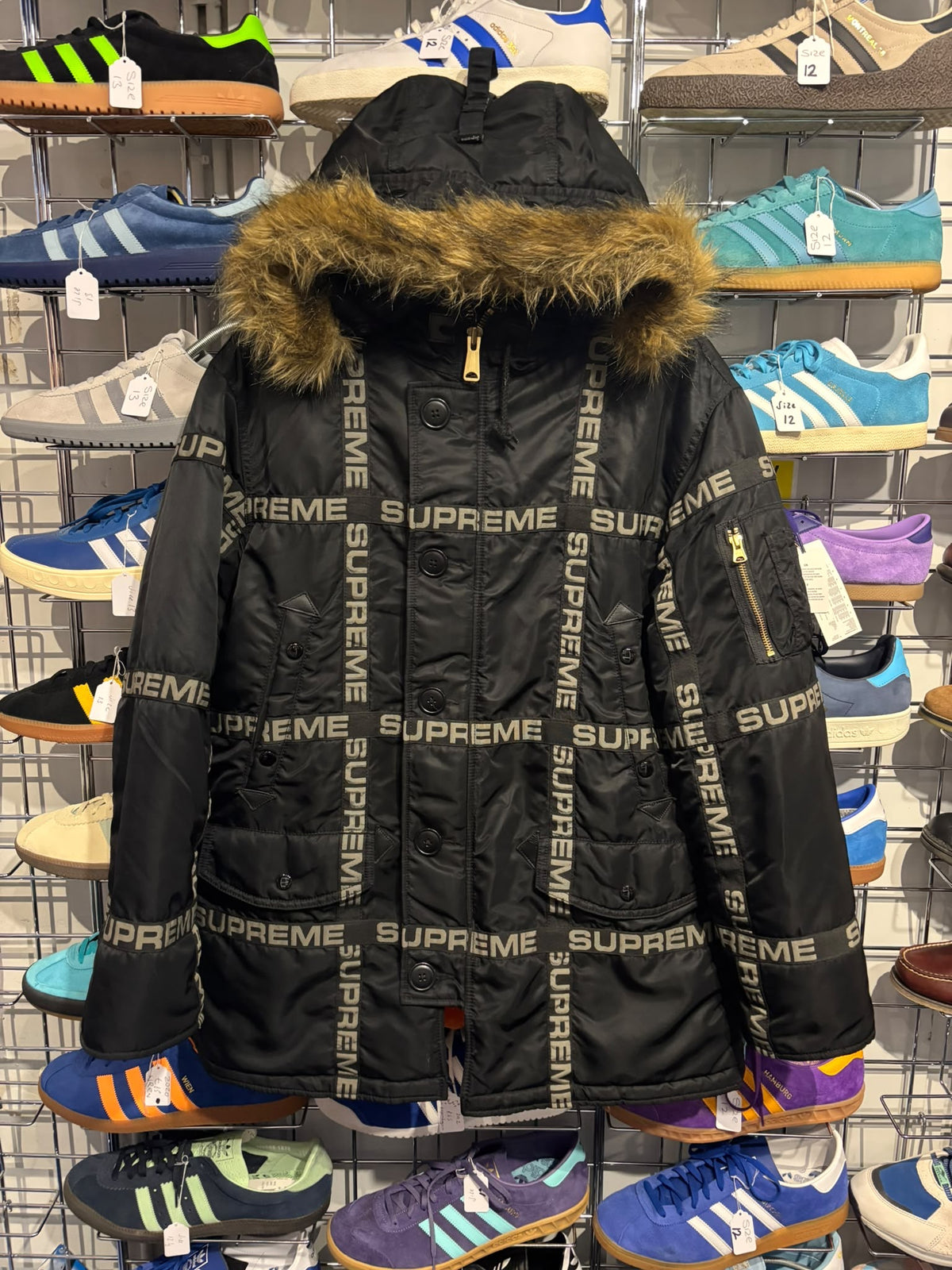 Supreme black Logo Tape N-3B parka front view