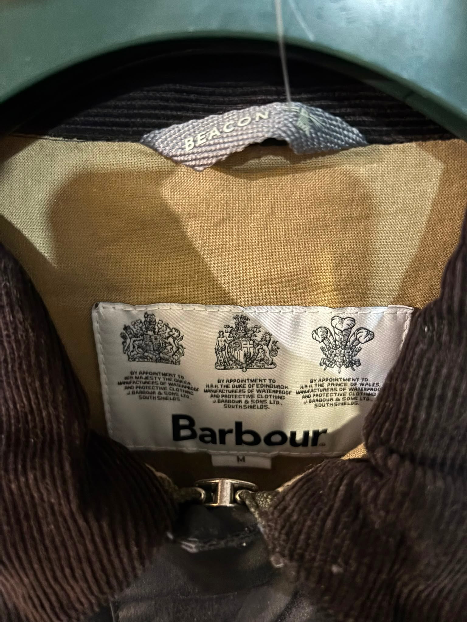 Barbour Beacon Wax Jacket Navy Olive - inner label with Royal Warrants