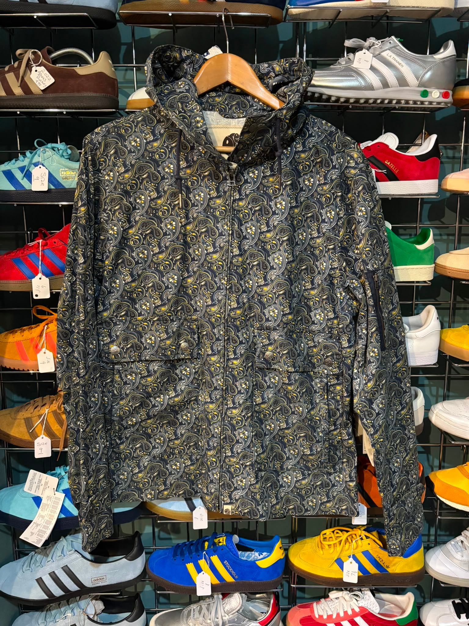 Pretty Green Paisley Print Hooded Zip Jacket Navy - Front view showing full paisley print