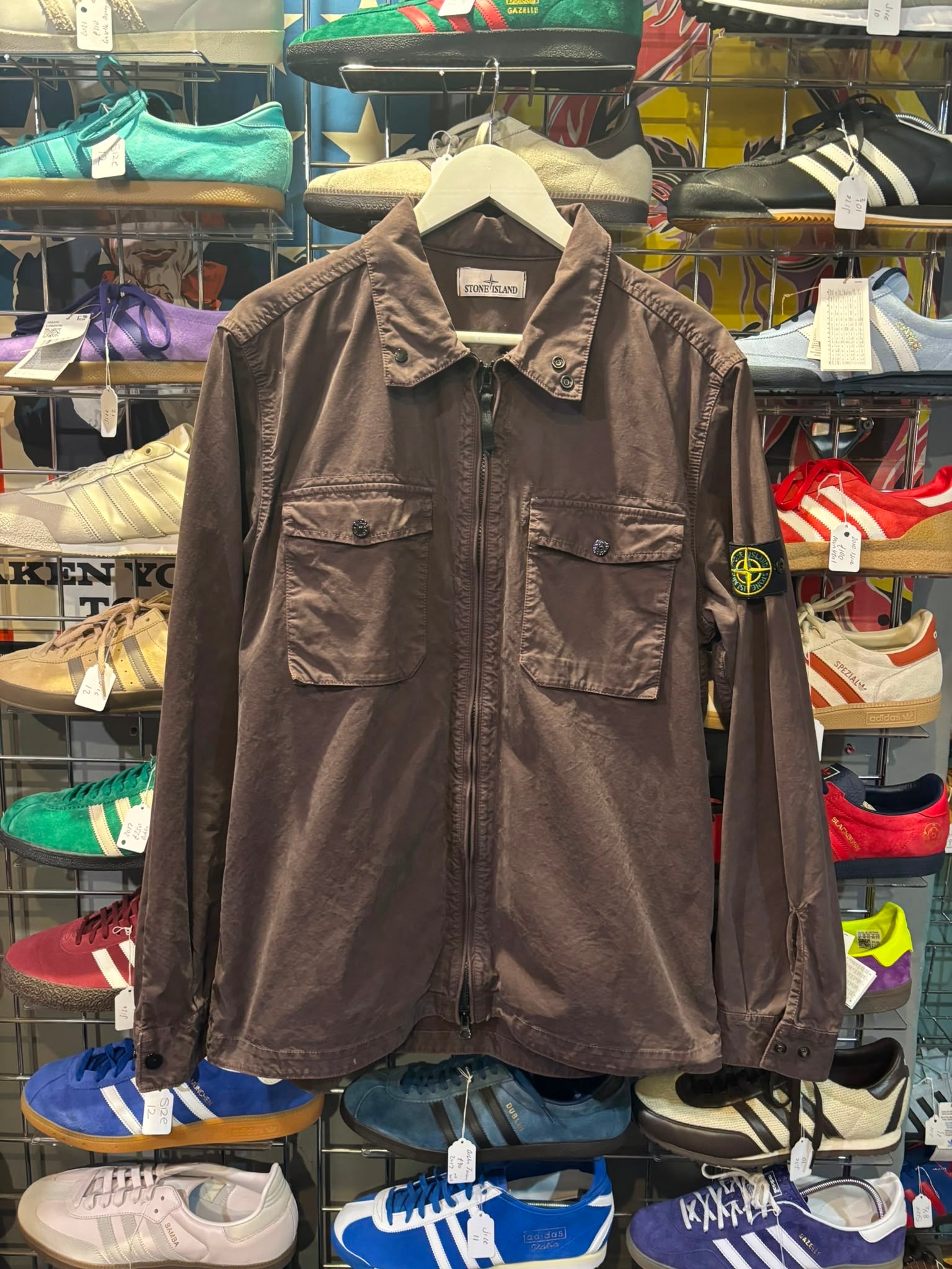 Stone Island Dark Brown Zip-Through Overshirt Jacket XL - Front view showing compass badge