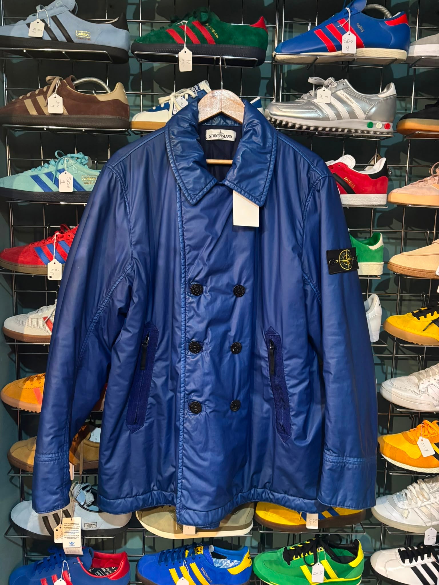 Stone Island quilted double-breasted jacket navy - front view