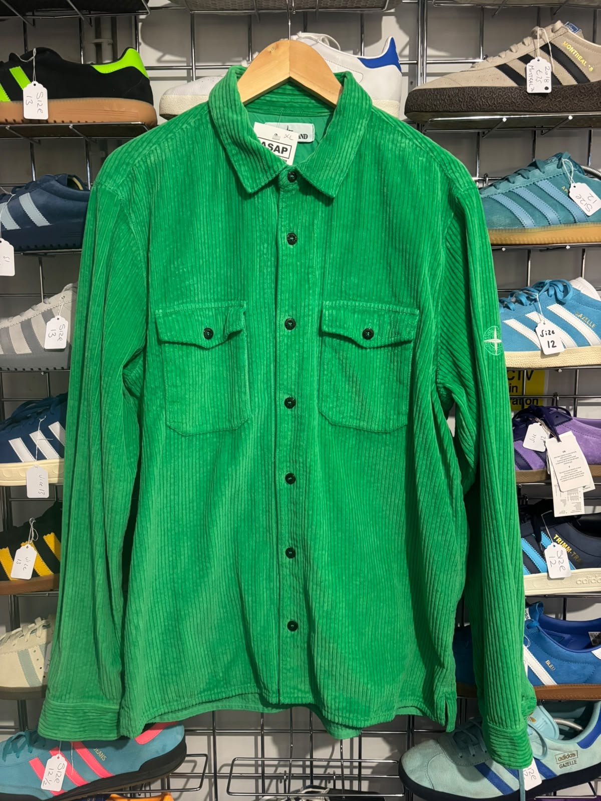 Stone Island green corduroy overshirt front