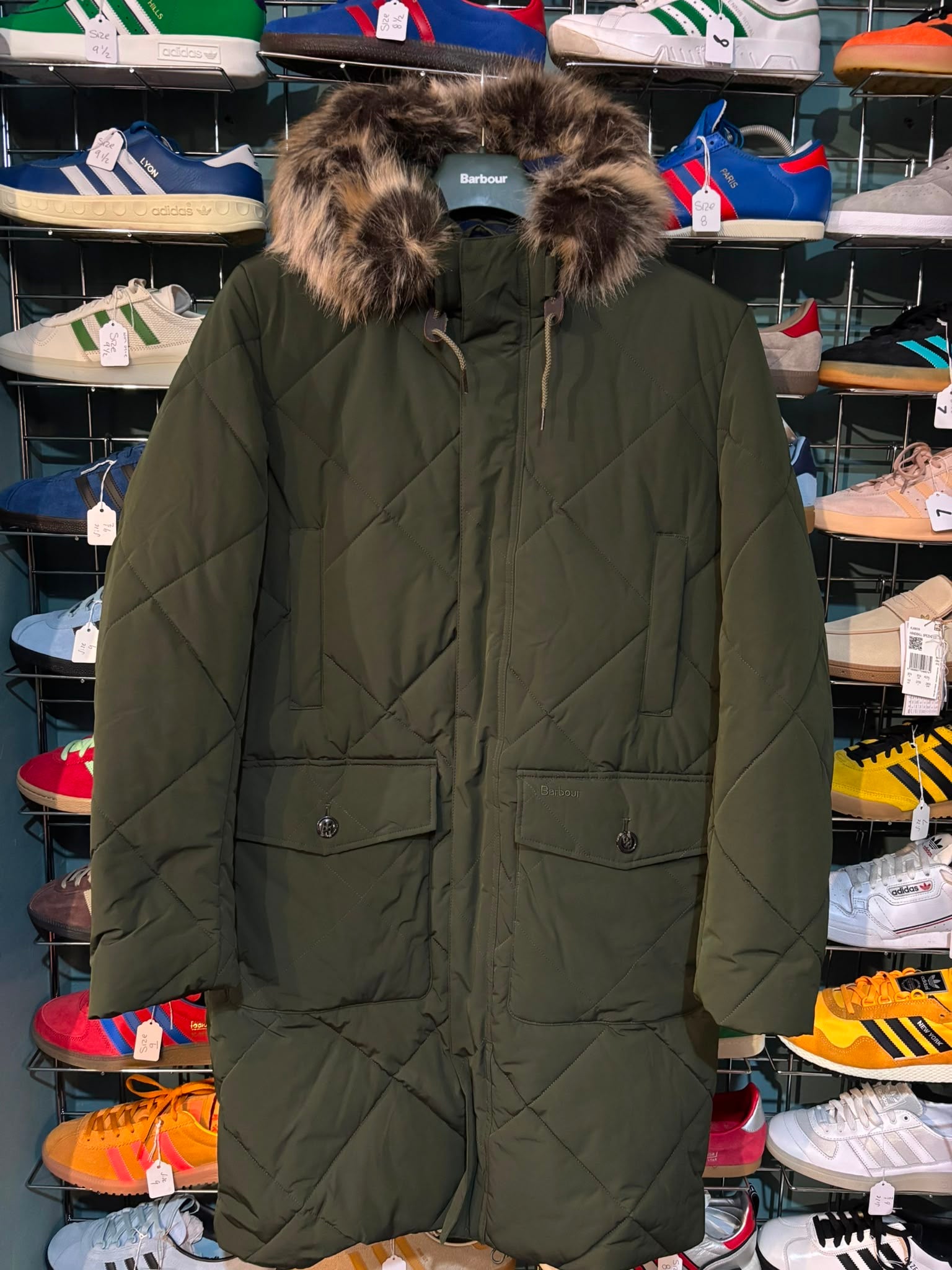 Barbour Dalbigh Quilted Parka Olive - front view