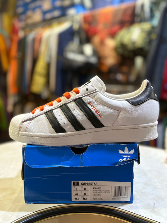 Adidas Superstar FW6363 UK 8, white panel with black Three Stripes and orange laces on original box