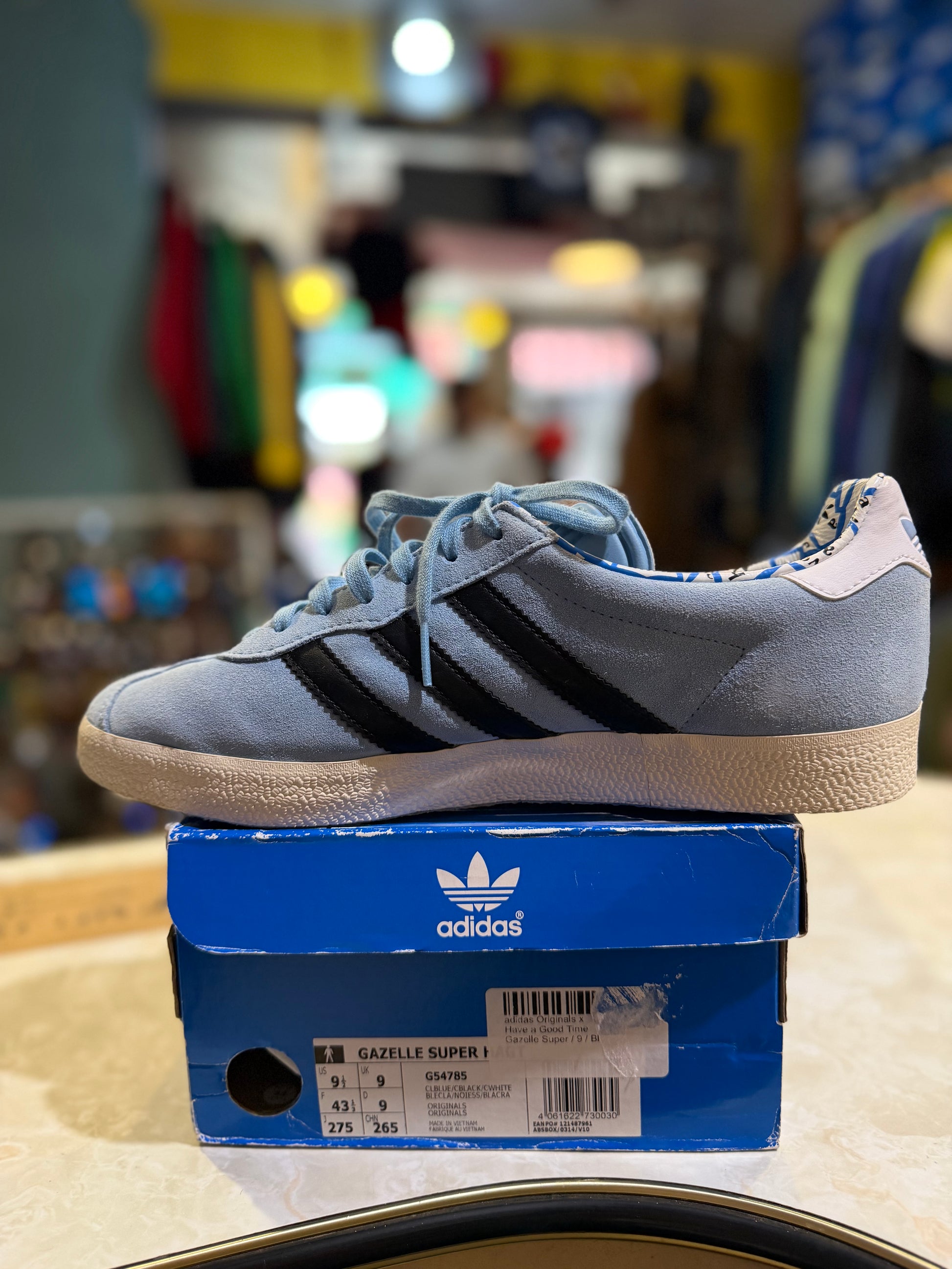 Adidas Gazelle Super x have a good time – Clear Blue/Black – UK 9
