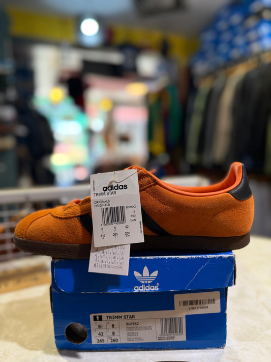 Adidas Trimm Star Burnt Orange Black Gum BD7542 UK 8 - side view with hang tag