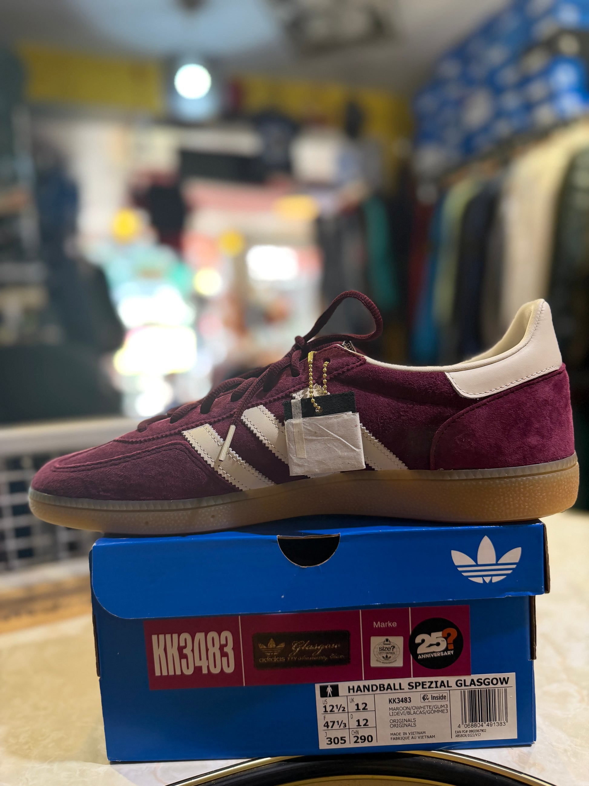 Adidas Handball Spezial Glasgow Maroon - Side view with tags on box