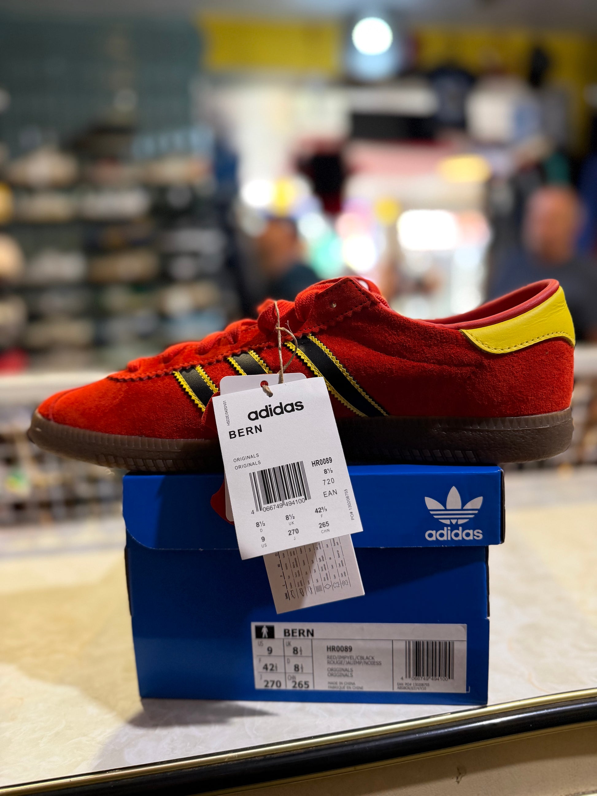 Adidas Originals Bern Red Triple Yellow Black HR0089 UK 8.5 — front view with box and tag