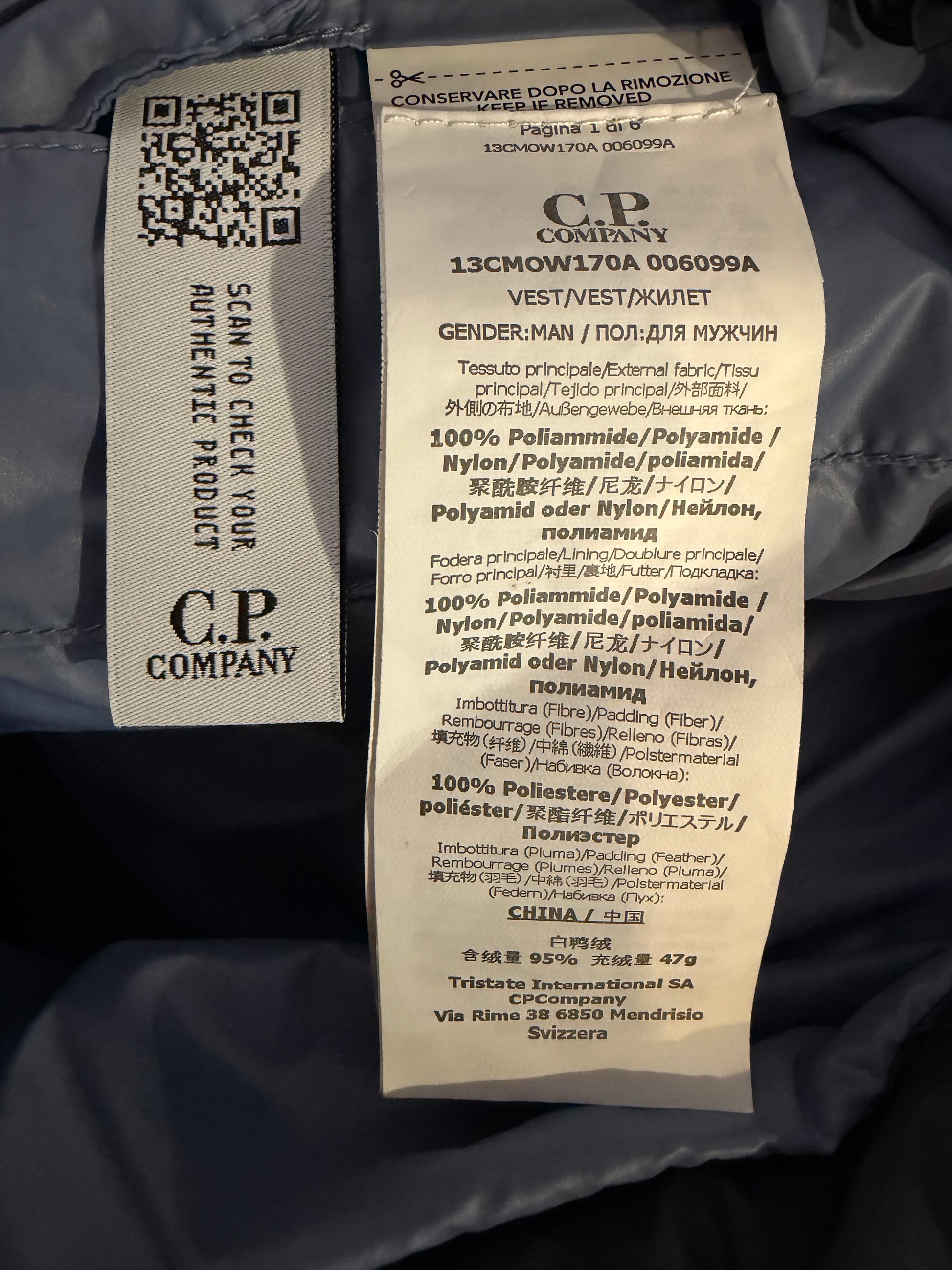 C.P. Company — Care Label 100% Polyamide 95% White Duck Down