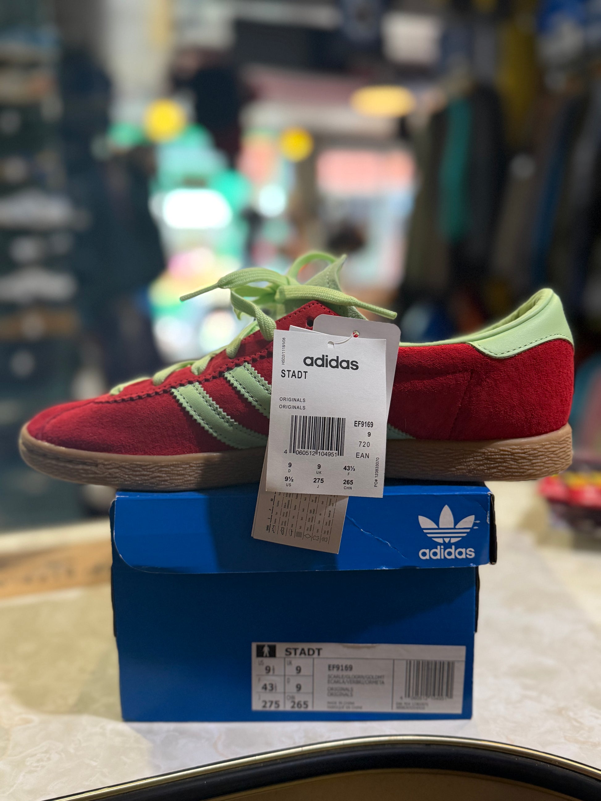 Adidas Stadt EF9169 Scarlet Red Sage Green - side view on box