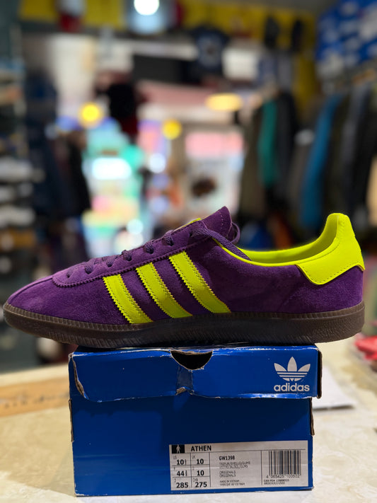 Adidas Athen GW1398 Purple Acid Yellow - side profile on box
