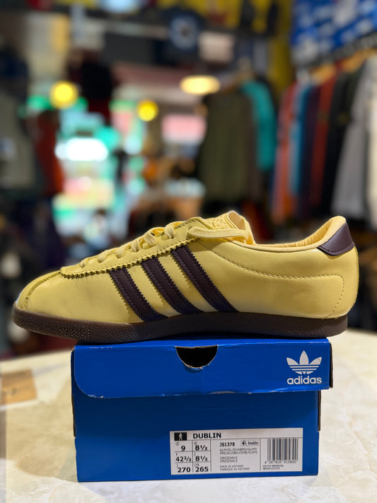 Adidas Dublin Almost Yellow Dark Brown UK 8.5 JS1378 - Side profile on box