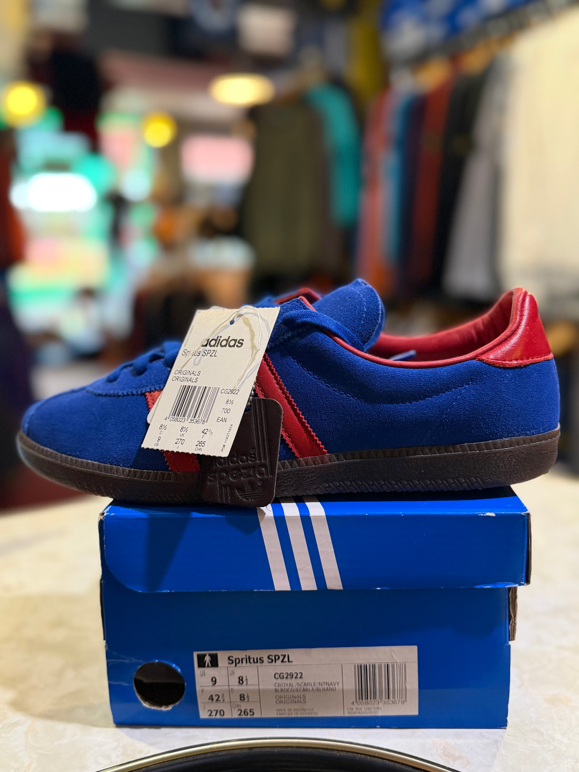 Adidas Spritus SPZL Royal Scarlet Gum UK 8.5 CG2922 - side view with tags on box
