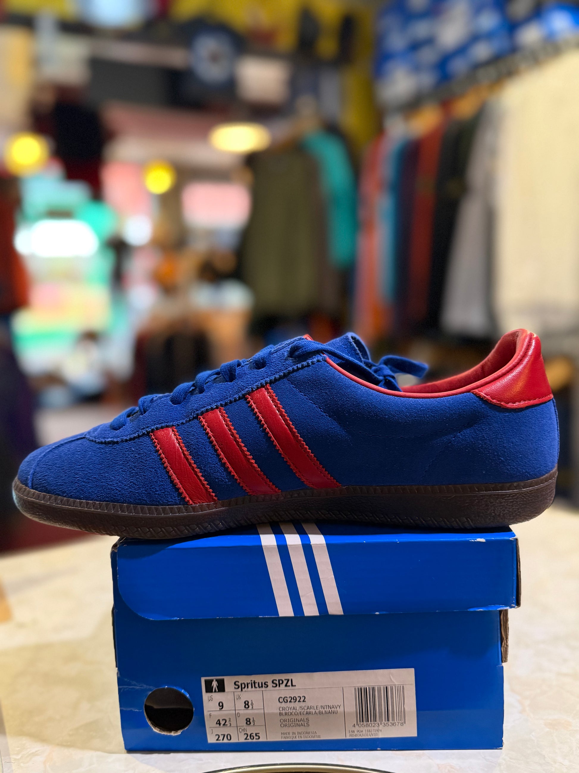 Adidas Spritus SPZL Royal Scarlet Gum UK 8.5 CG2922 - clean side profile on box