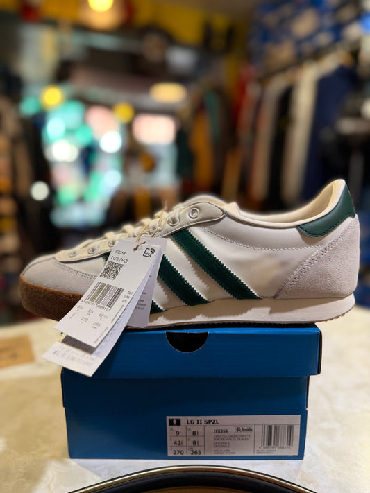 Adidas LG II SPZL off white dark green trainer side view on original box