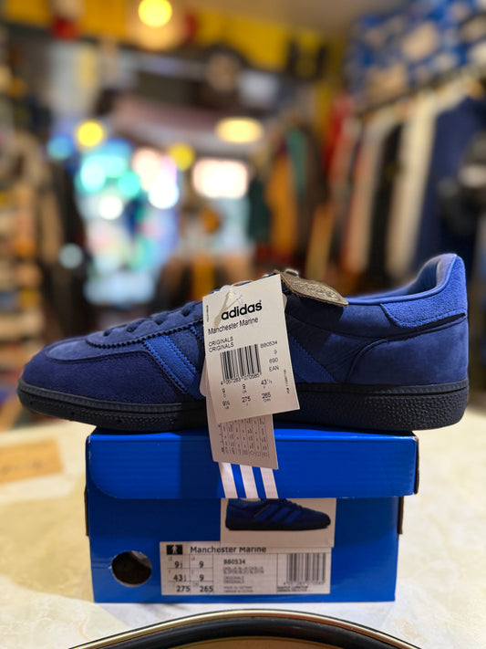 Adidas Manchester Marine navy blue UK 9 side view on original box with style code BB0534