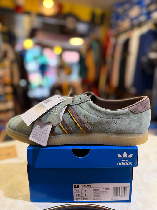 Adidas Malmö sage green brown yellow UK 9 with tags on blue box