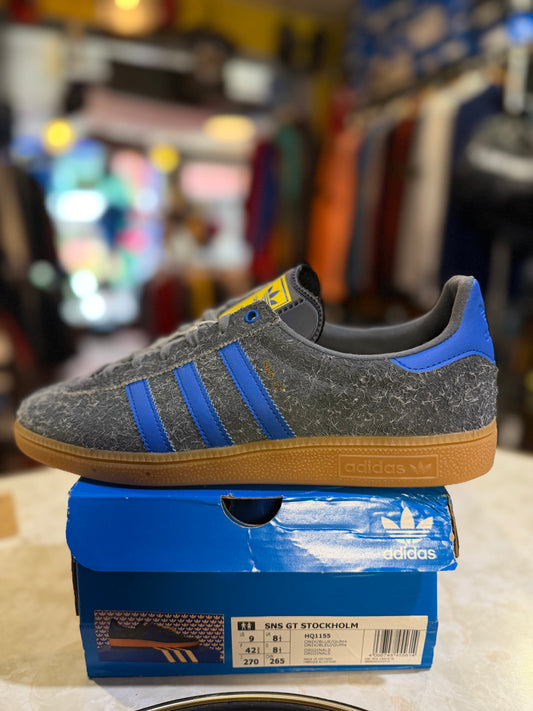 Adidas SNS GT Stockholm HQ1155 grey suede trainer with yellow stripes, attached tags and original box