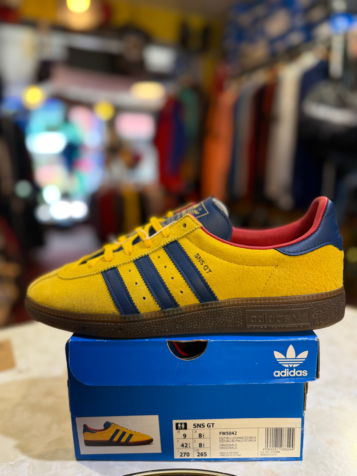 Adidas SNS GT London FW5042 yellow navy red UK 8.5 side view on original box