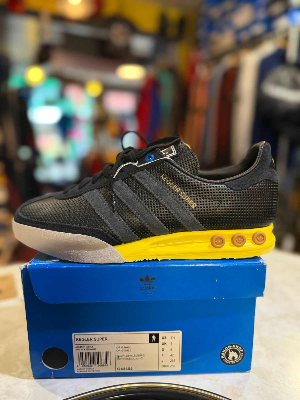 Adidas HANON Kegler Super Black Friday G42302 Black / Shale / Lempel UK 8 side view on original box