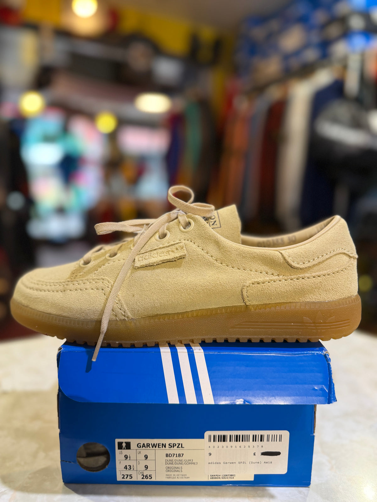 Adidas Garwen SPZL BD7187 Dune / Gum UK 9 suede side view on original box