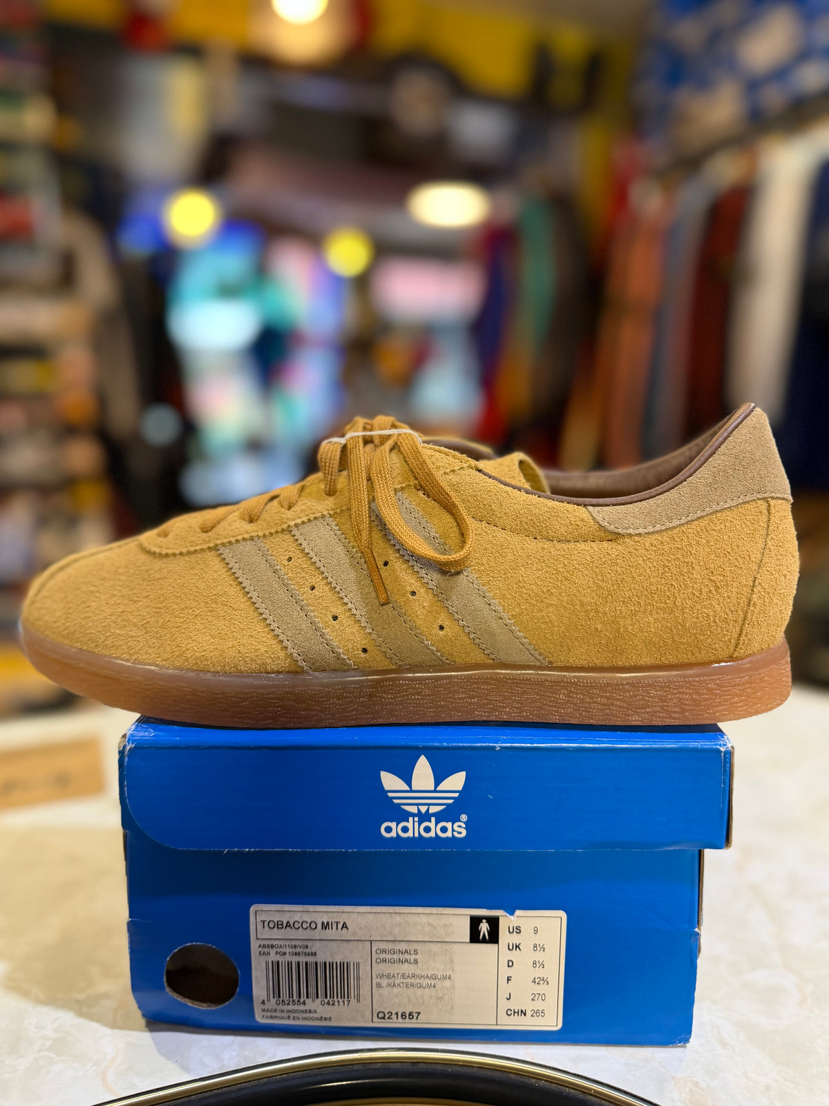 Adidas Tobacco MITA Q21657 UK 8.5 wheat beige suede and gum sole side view on original box
