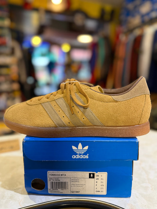 Adidas Tobacco MITA Q21657 UK 8.5 wheat beige suede and gum sole side view on original box