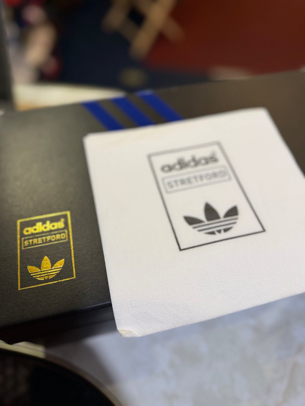 Adidas Stretford original black graphic box and commemorative branding card