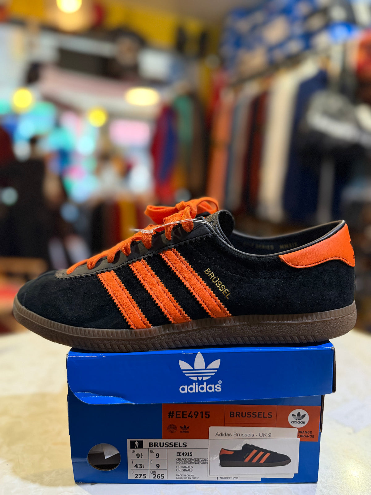 Adidas Brussels EE4915 UK 9, black suede with orange Three Stripes and gold lettering, on original box