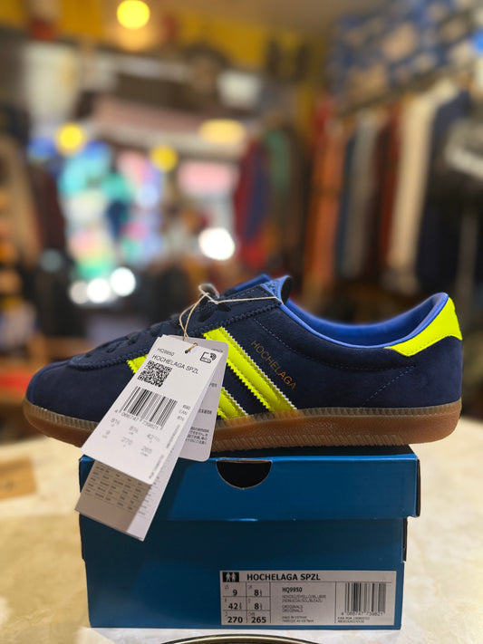 Adidas Hochelaga SPZL HQ9950 UK 8.5 in navy and yellow with gum sole, original tags and box