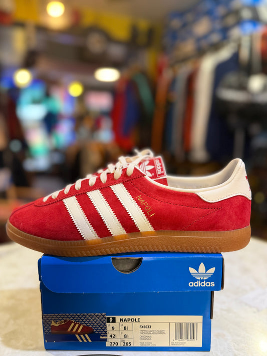 Adidas Napoli FX5633 UK 8.5, red suede with white Three Stripes and gum sole, side view on original box