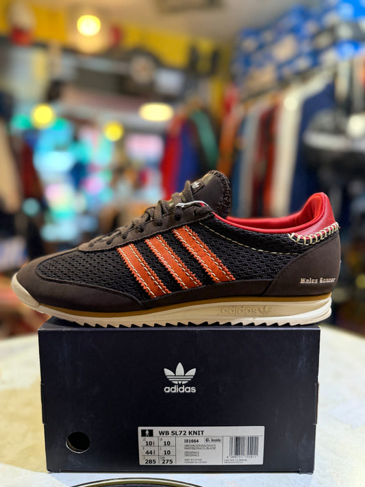 Adidas Wales Bonner SL72 Knit IE1664 UK 10 in Dark Brown / Collegiate Orange / Cream White, side view with Wales Bonner branding