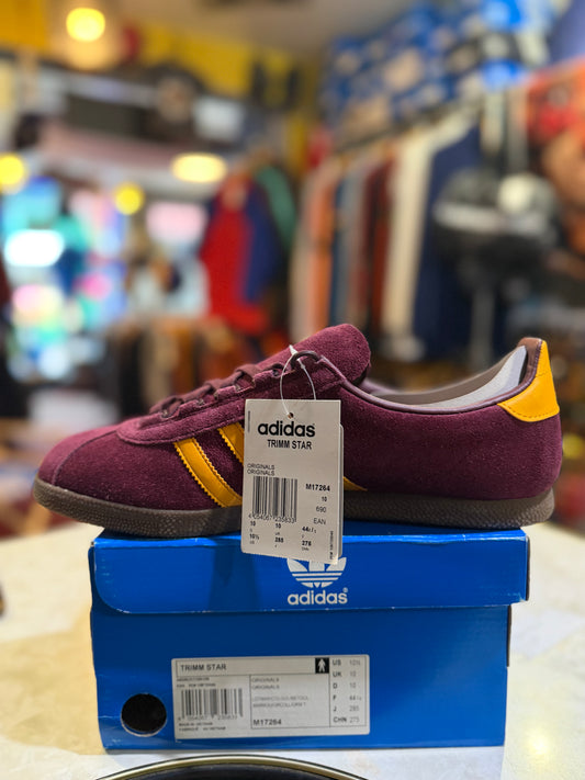 Adidas Trimm Star M17264 UK 10 with original attached tags and box, maroon suede and gold Three Stripes