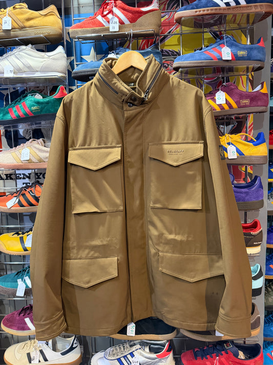 Front of Belstaff Fieldwood softshell jacket in Vintage Olive