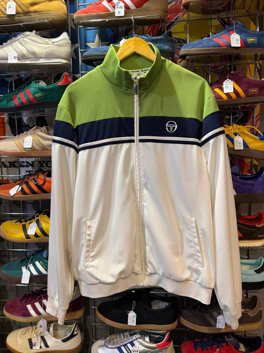 Front of Sergio Tacchini white, lime green and navy track jacket