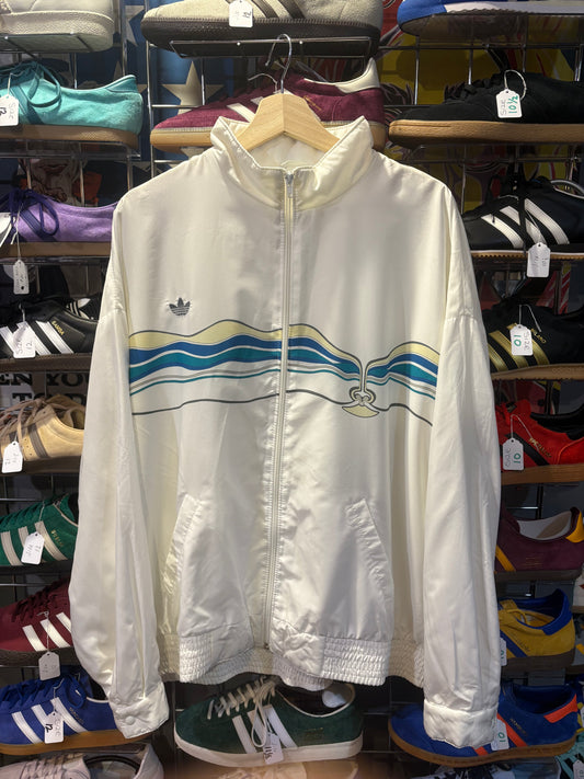 Adidas Originals 1986 Ivan Lendl vintage track top white - front view showing wave graphic in sky blue teal and cream