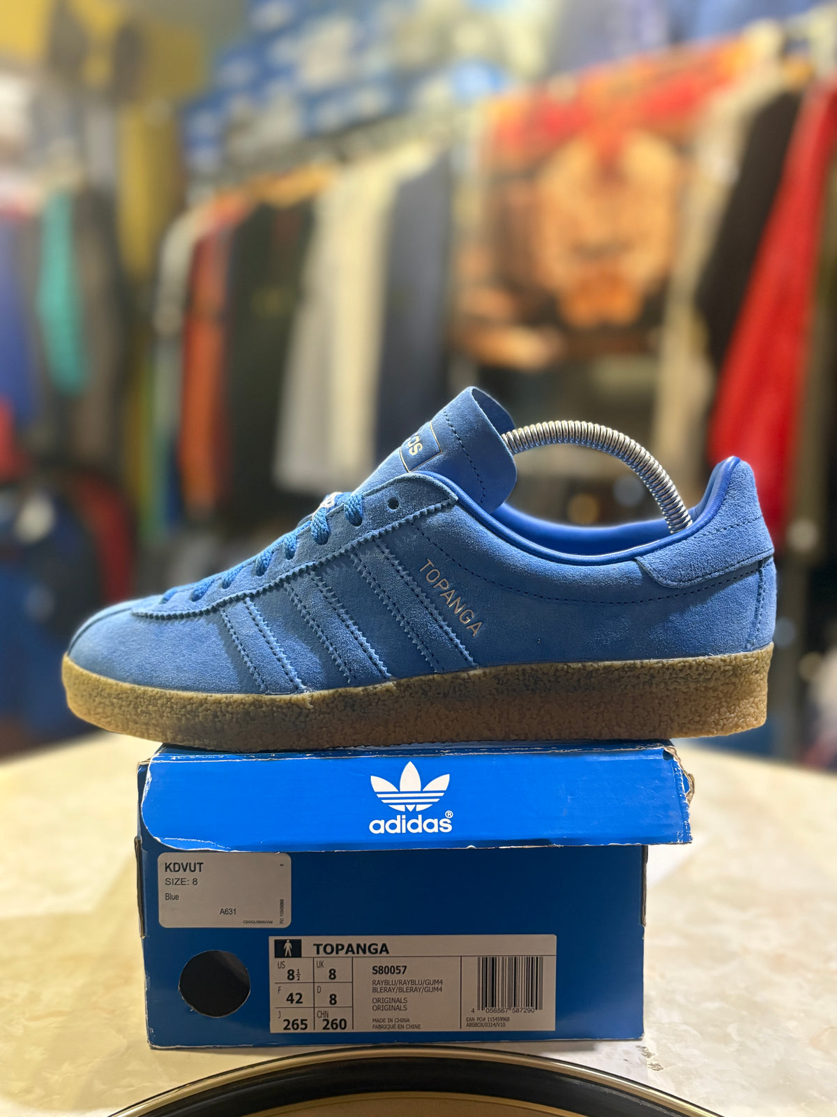 Adidas Topanga blue trainer side profile, UK size 8