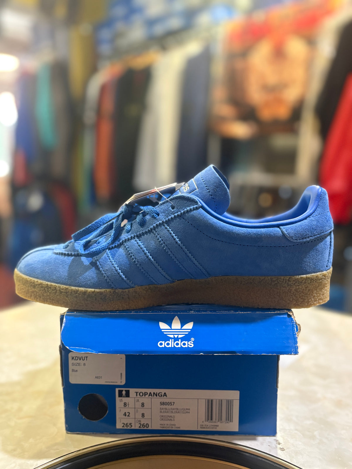 Adidas Topanga blue trainers with gum sole in box, UK size 8