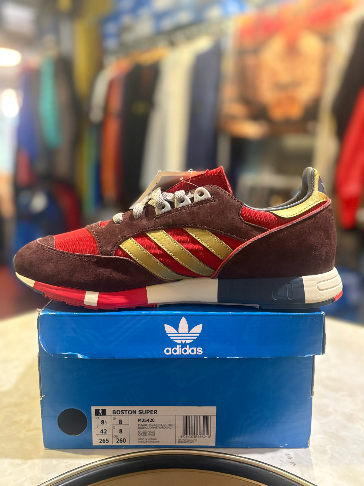 Adidas Boston Super brown red gold navy and off white trainer side profile, UK size 8