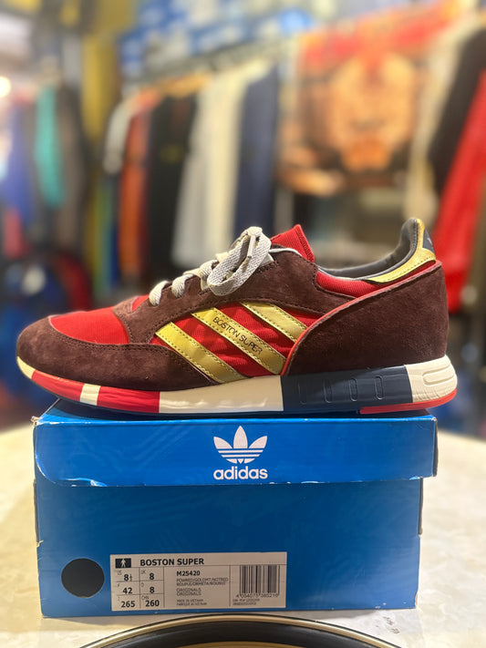 Adidas Boston Super brown red gold navy and off white trainers in box, UK size 8