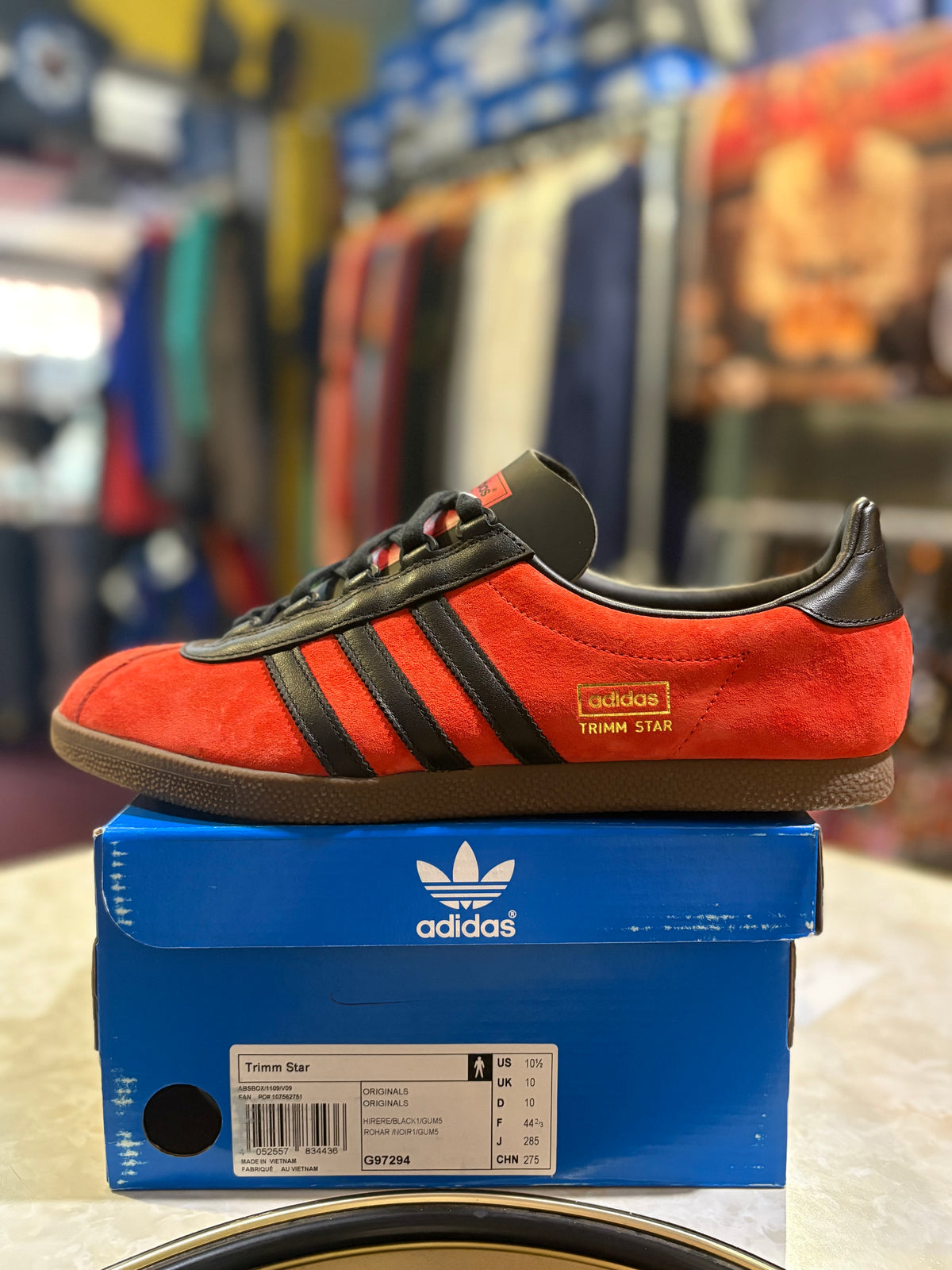 Adidas Trimm Star G97294 Hi-Res Red Black 1 Gum 5 UK 10 trainer and box